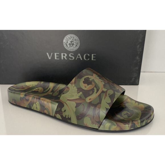 NIB $395 Versace Baroccoflage Slides Sandals Khaki 9 US (42 Euro) IT DSU6516 main image 7